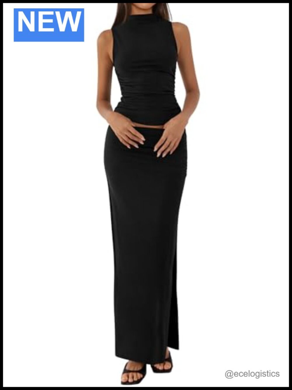 Two Piece Skirt Set Mock Neck Sleeveless Maxi Skirt Knit Matching Set